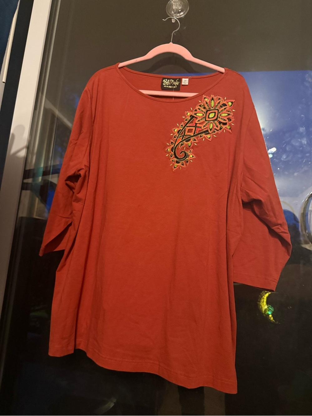 Bob Mackie Rust Orange Tunic with Embroidered Floral Accent
